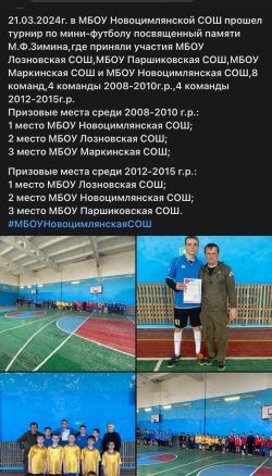 21 марта 2024года на базе МБОУ  Новоцимлянской СОШ прошел турнир по мини-футболу, посвященный  памяти М.Ф.Зимина